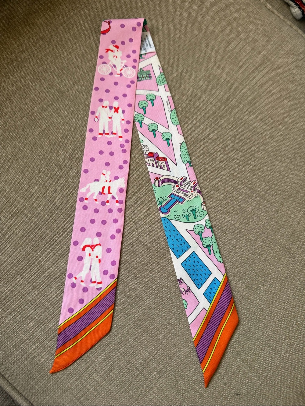 Hermes Pink Illustrated Silk Twilly with Orange Accents